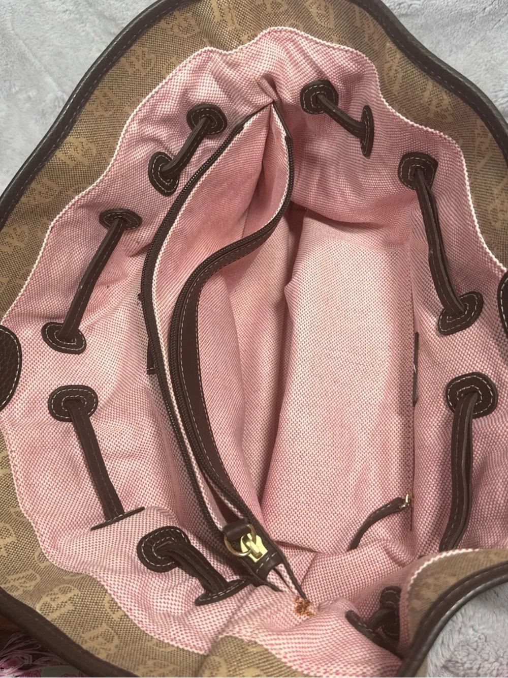 Dooney & Bourke Chiarra Tan Signature Canvas Tote with Dark Brown Trim